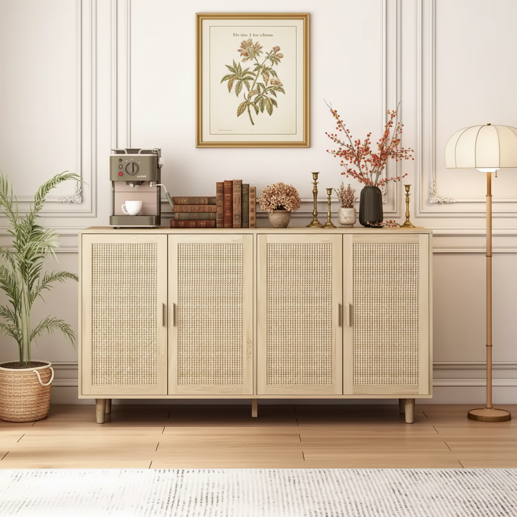 4-Door Rattan Decorative Storage Cabinet