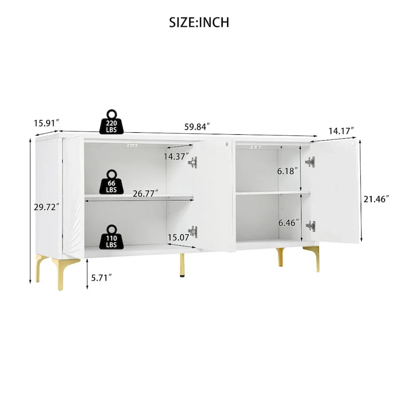 Creative carved 4-door Sideboard Handleless Press-to-Open Design Buffet Cabinet for Dining Room,Living Room, Bedroom, Hallway