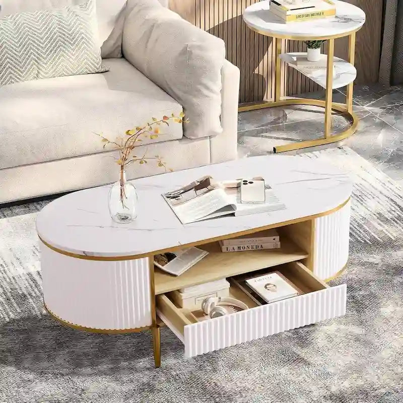 Modern Oval Coffee Table with Drawers for Living Room - N/A