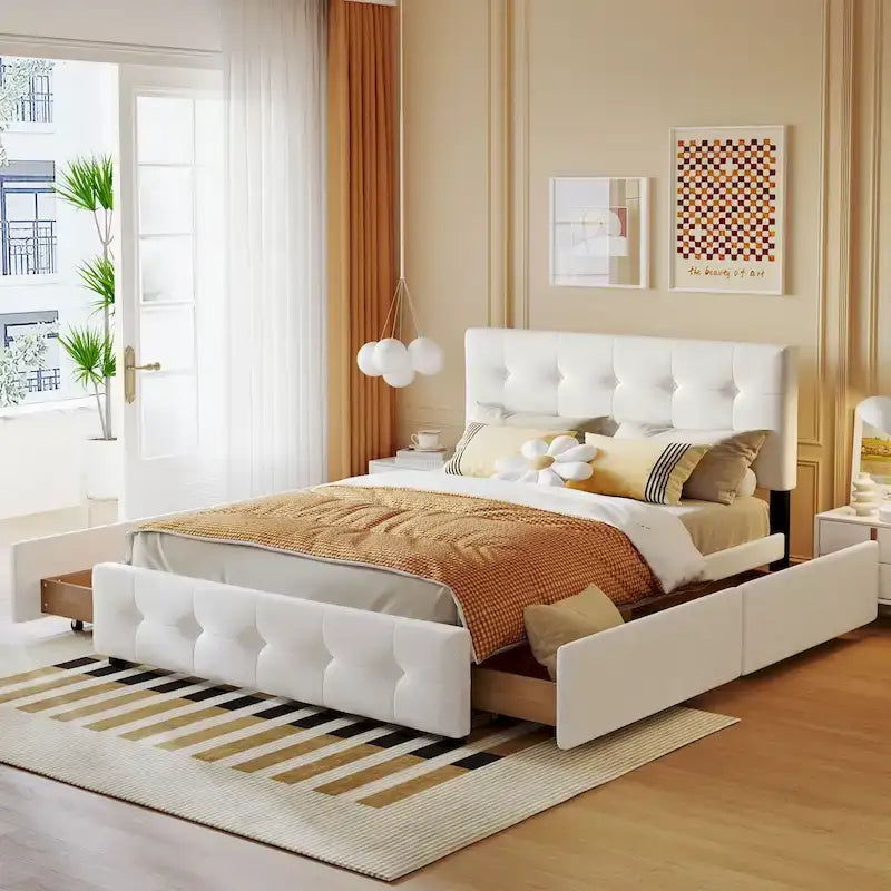Linen Button Tufted Platform Bed Frame