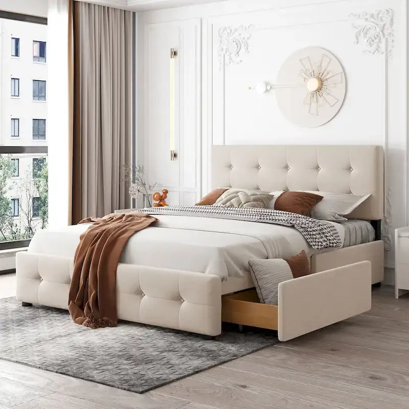 Linen Button Tufted Platform Bed Frame