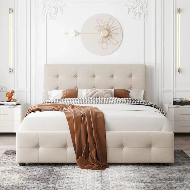 Linen Button Tufted Platform Bed Frame