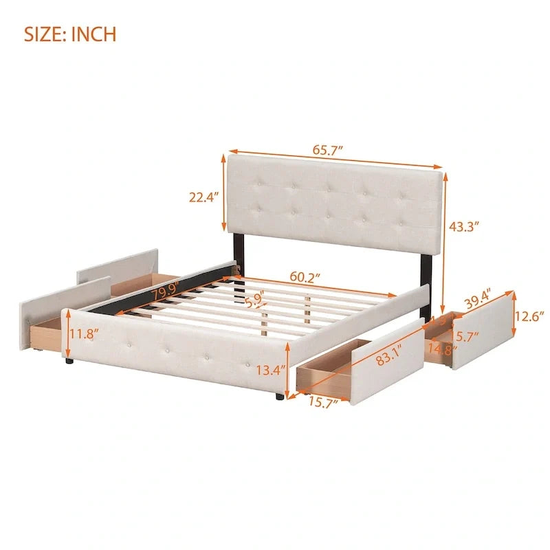 Linen Button Tufted Platform Bed Frame