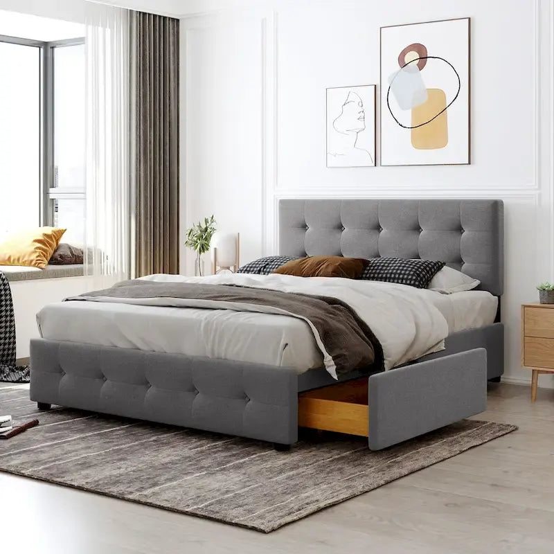 Linen Button Tufted Platform Bed Frame