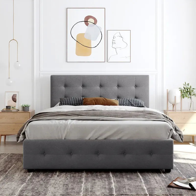 Linen Button Tufted Platform Bed Frame