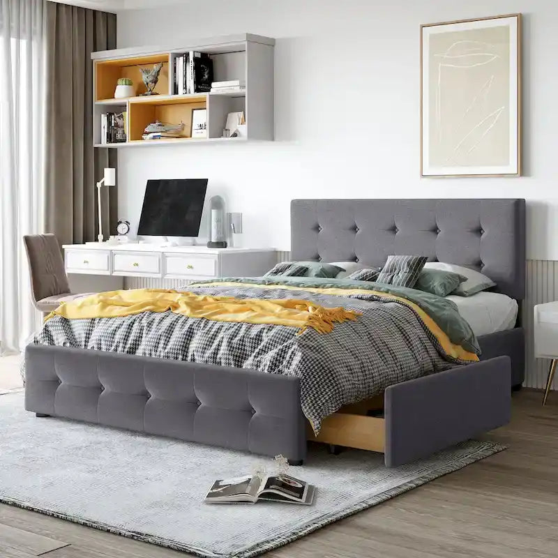 Linen Button Tufted Platform Bed Frame
