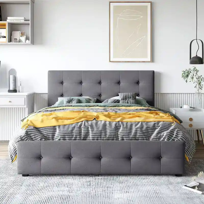 Linen Button Tufted Platform Bed Frame