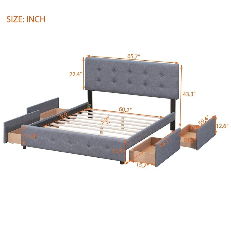 Linen Button Tufted Platform Bed Frame