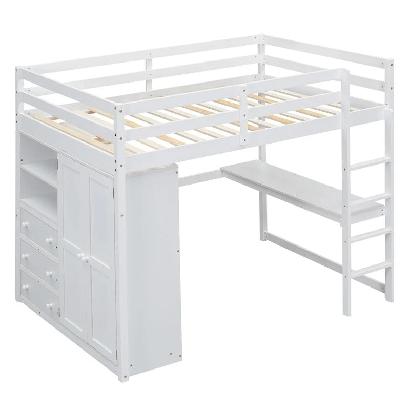Full Solid Wood Loft Bed with Wardrobe & Desk