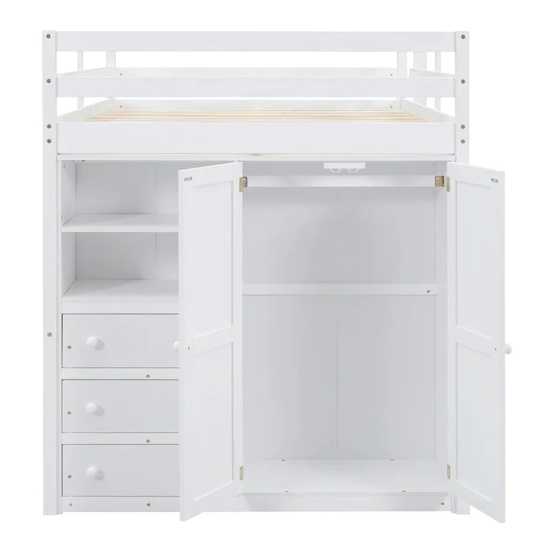 Hochbett in voller Größe aus Massivholz mit Kleiderschrank und Schreibtisch