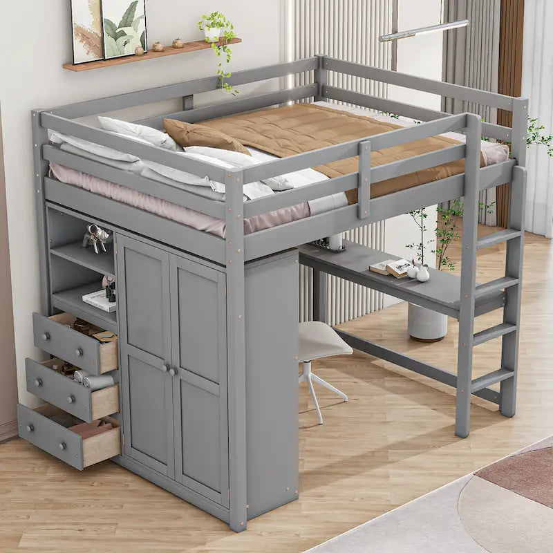 Hochbett in voller Größe aus Massivholz mit Kleiderschrank und Schreibtisch