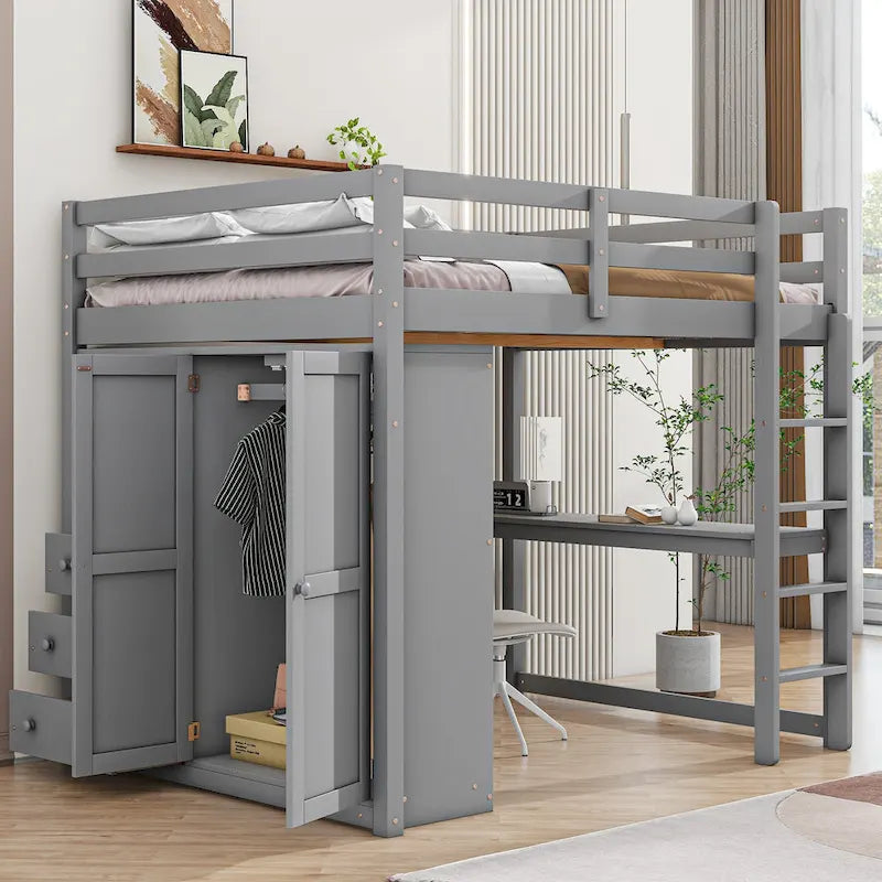 Hochbett in voller Größe aus Massivholz mit Kleiderschrank und Schreibtisch