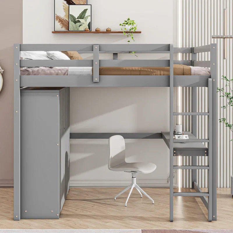 Hochbett in voller Größe aus Massivholz mit Kleiderschrank und Schreibtisch