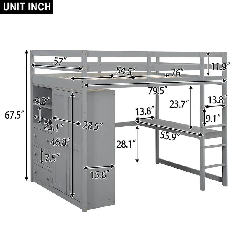 Hochbett in voller Größe aus Massivholz mit Kleiderschrank und Schreibtisch