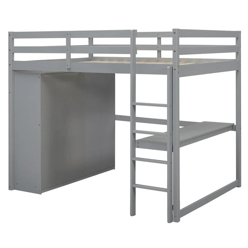 Hochbett in voller Größe aus Massivholz mit Kleiderschrank und Schreibtisch