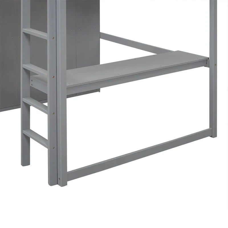 Hochbett in voller Größe aus Massivholz mit Kleiderschrank und Schreibtisch