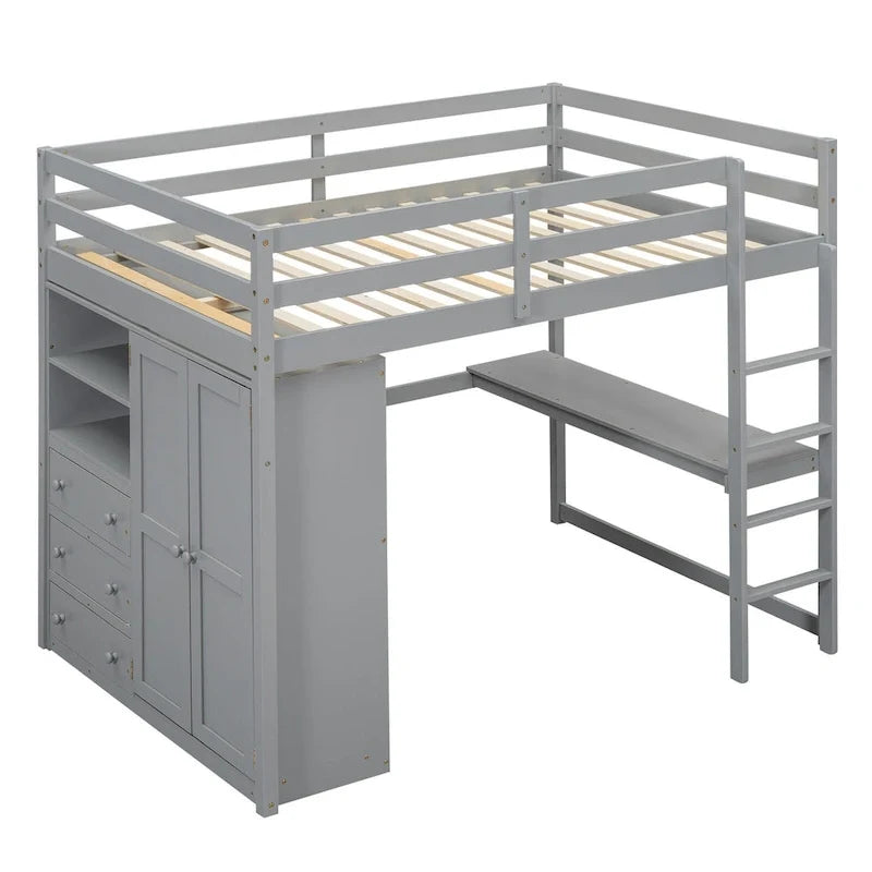 Hochbett in voller Größe aus Massivholz mit Kleiderschrank und Schreibtisch