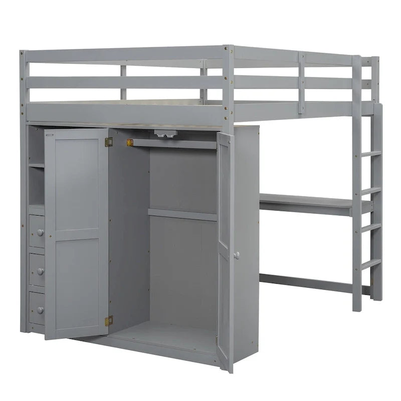 Hochbett in voller Größe aus Massivholz mit Kleiderschrank und Schreibtisch