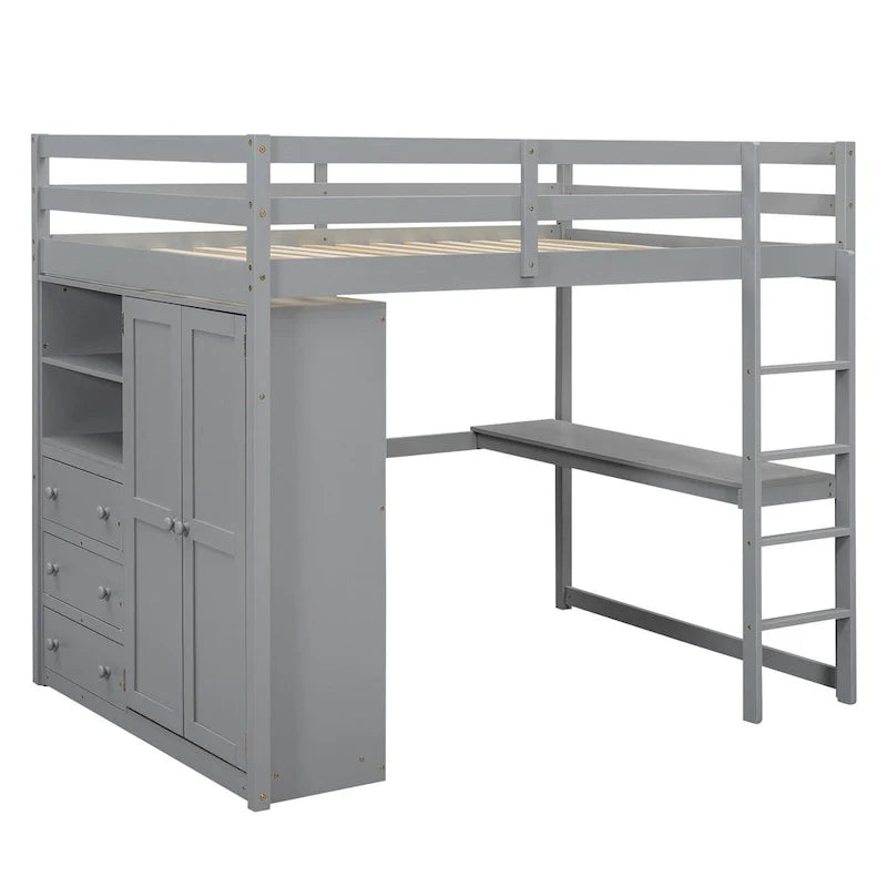 Hochbett in voller Größe aus Massivholz mit Kleiderschrank und Schreibtisch