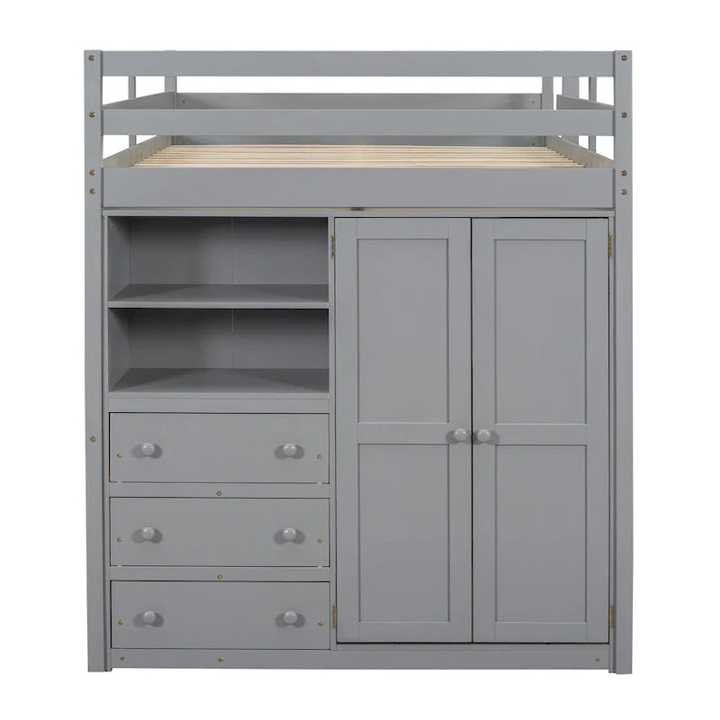 Hochbett in voller Größe aus Massivholz mit Kleiderschrank und Schreibtisch
