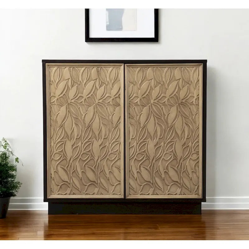 Dark Brown And Natural Carved Floral Sideboard with Two Doors