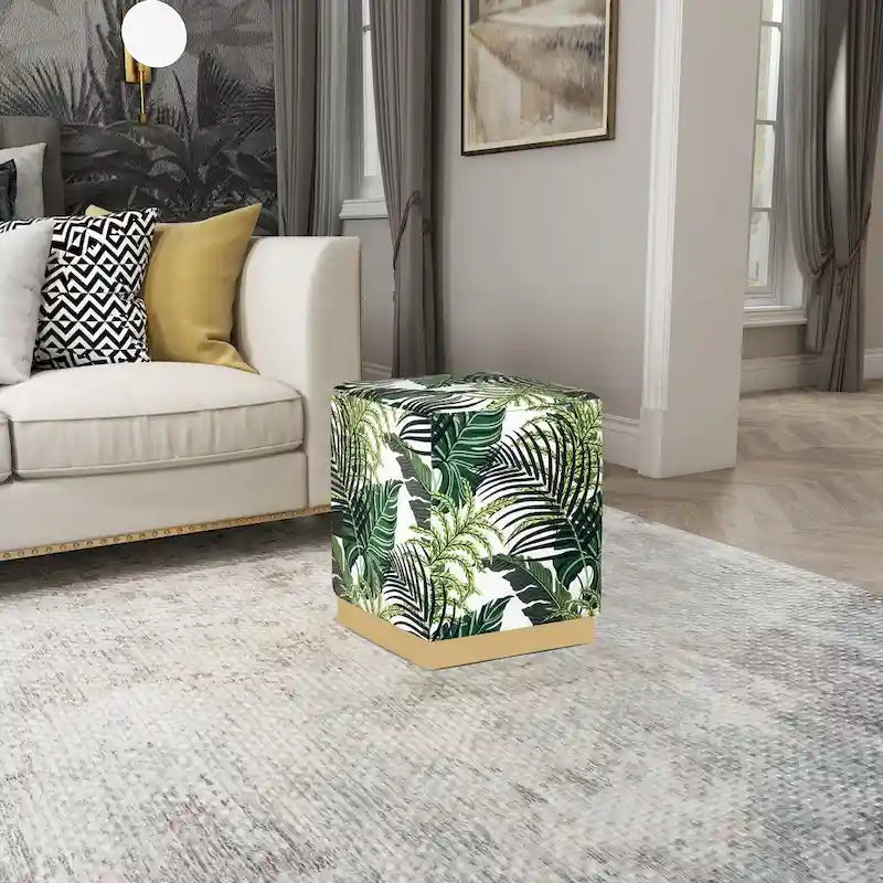 Quadratischer Samt-Hocker mit Polsterung und goldbeschichtetem Sockel