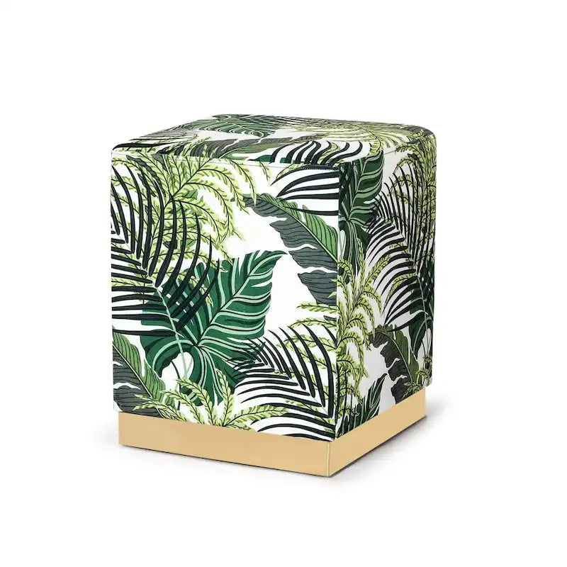 Quadratischer Samt-Hocker mit Polsterung und goldbeschichtetem Sockel