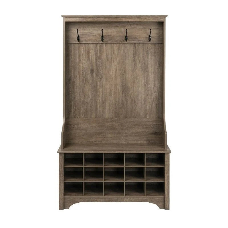 Grey Entryway Hall Tree Shoe Cubbie Coat Rack - 68 H x 38 W x 15.5 D