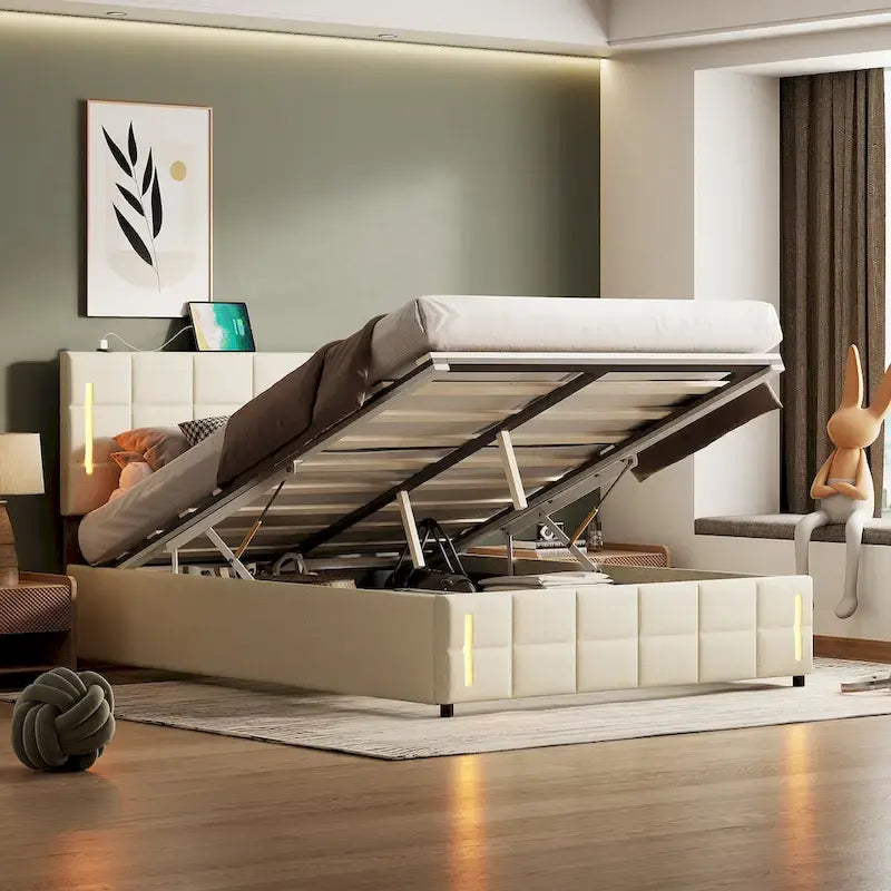 Queen Size Upholstered Bed with Hydraulic Storage System