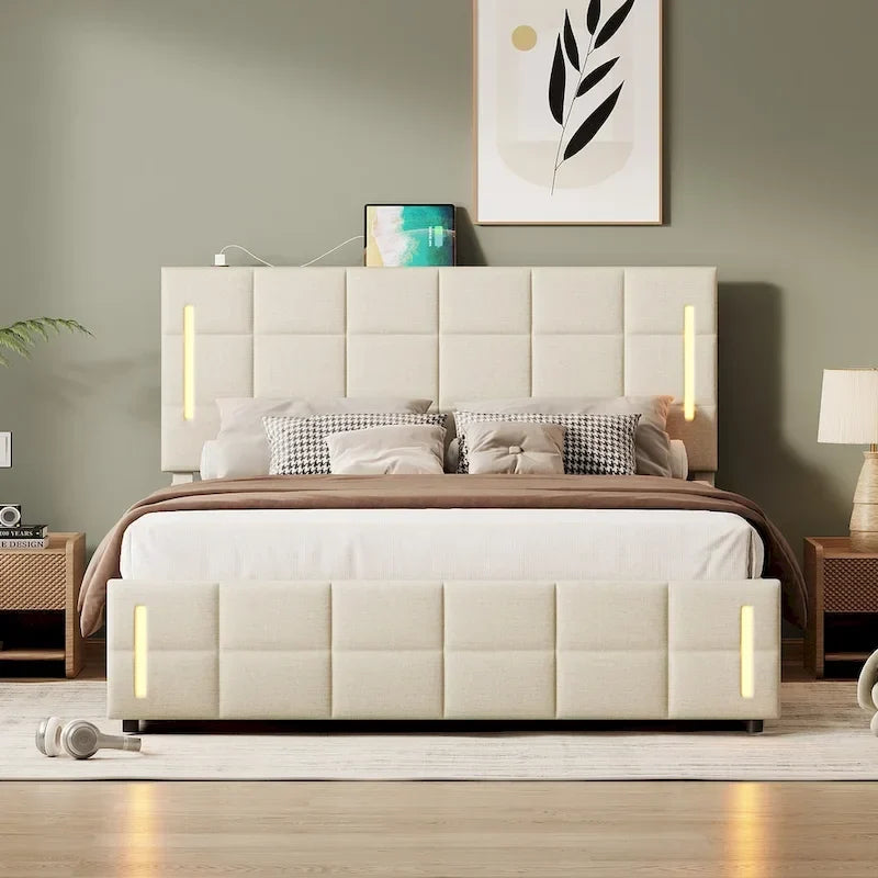 Queen Size Upholstered Bed with Hydraulic Storage System