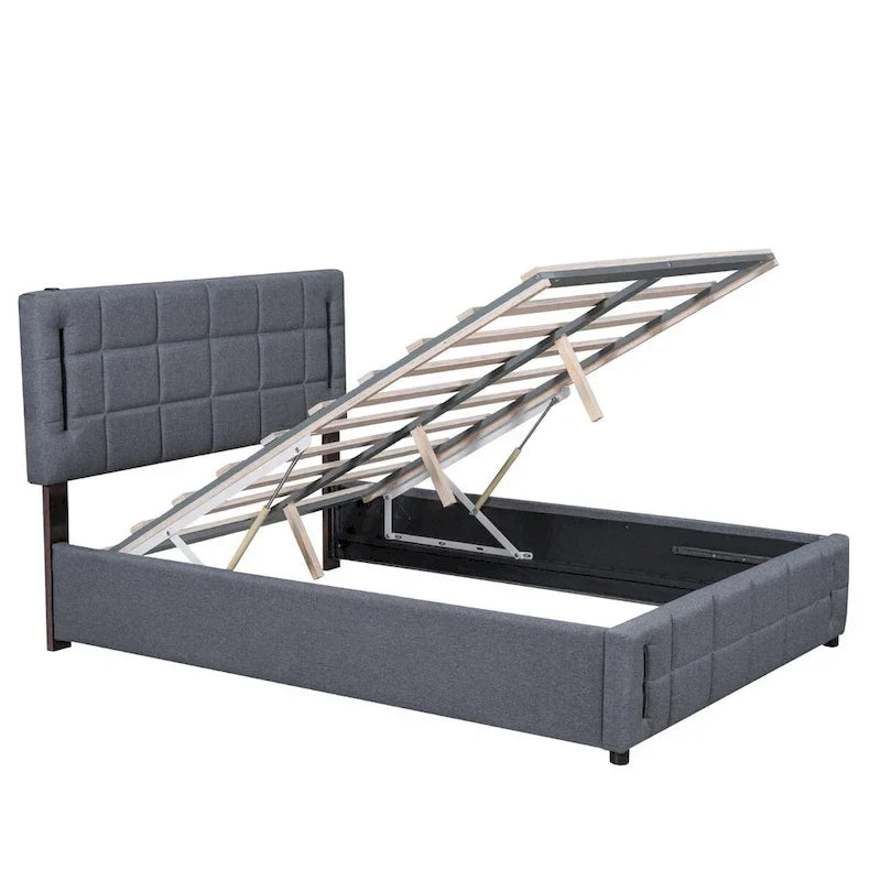 Queen Size Upholstered Bed with Hydraulic Storage System