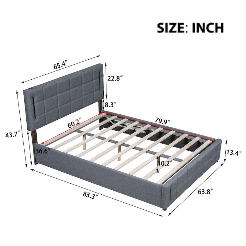 Queen Size Upholstered Bed with Hydraulic Storage System