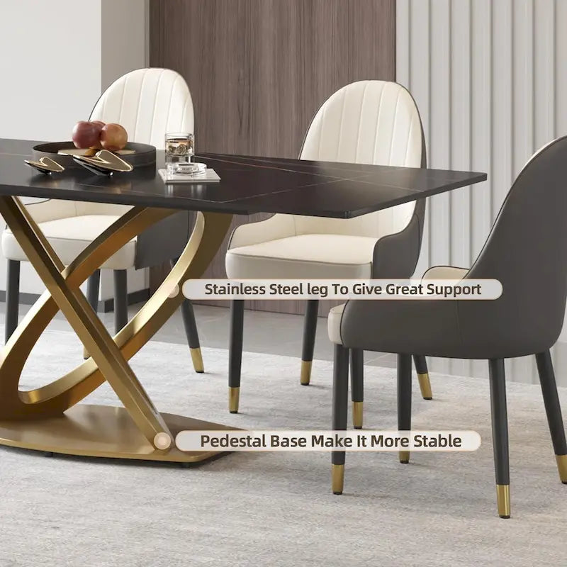 70-Zoll-Esstisch aus weißem Sinterstein mit goldenem Edelstahl-Sockel